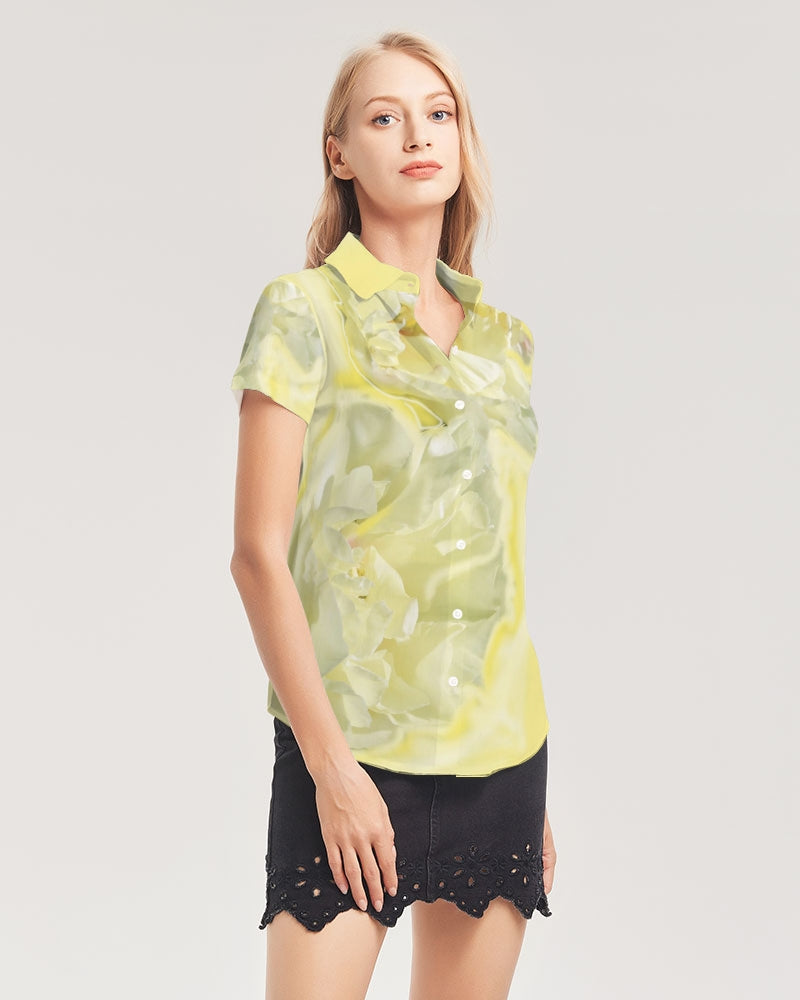 Yellow Peony Women's Short Sleeve Button Up