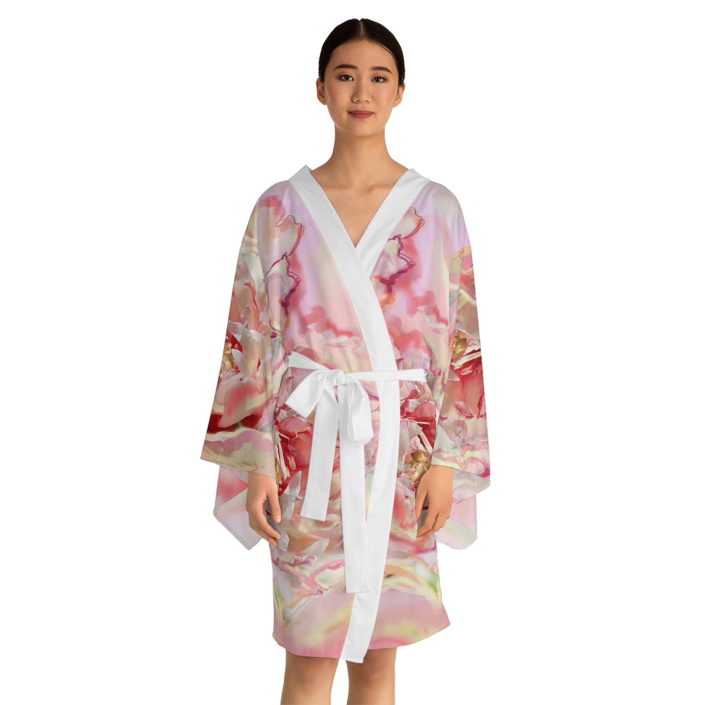 Blush Floral Long Sleeve Kimono Robe - Elegant Loungewear for Spa Days, Parties & Relaxation