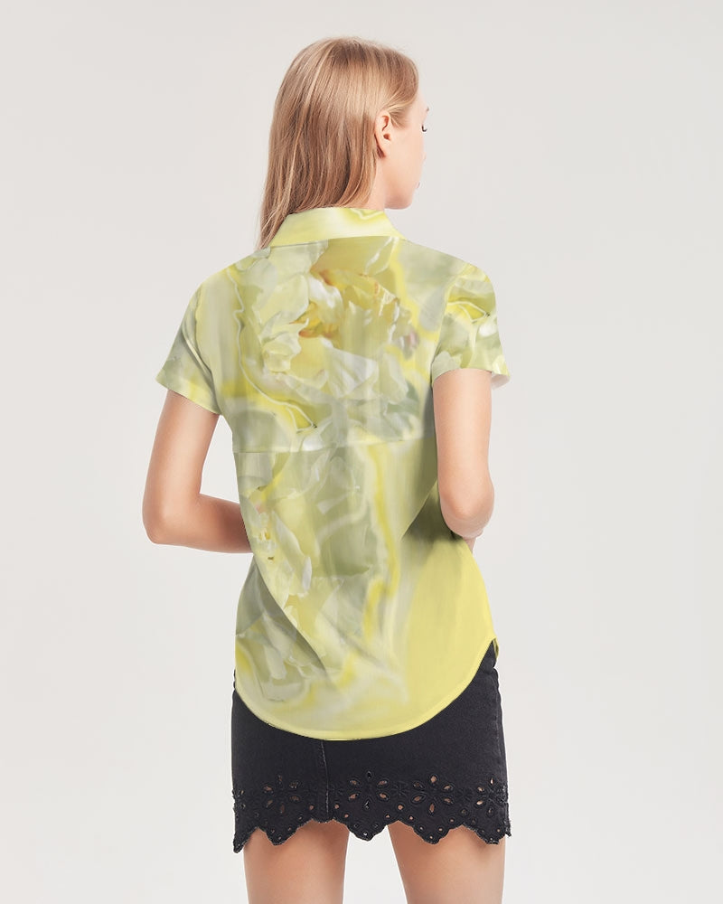 Yellow Peony Women's Short Sleeve Button Up