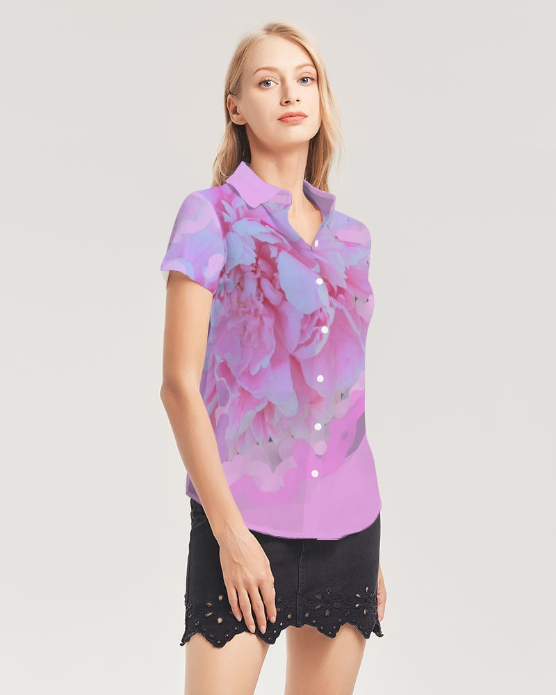 Pink Peony Women's Short Sleeve Button Up