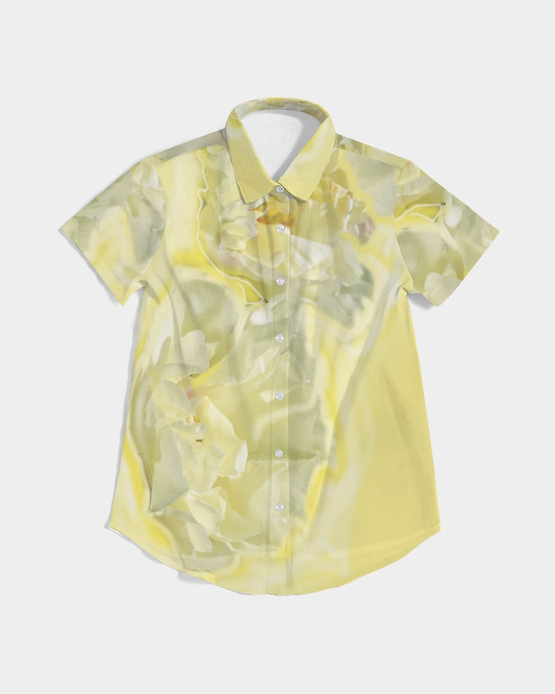 Yellow Peony Women's Short Sleeve Button Up