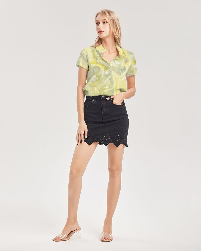 Yellow Peony Women's Short Sleeve Button Up