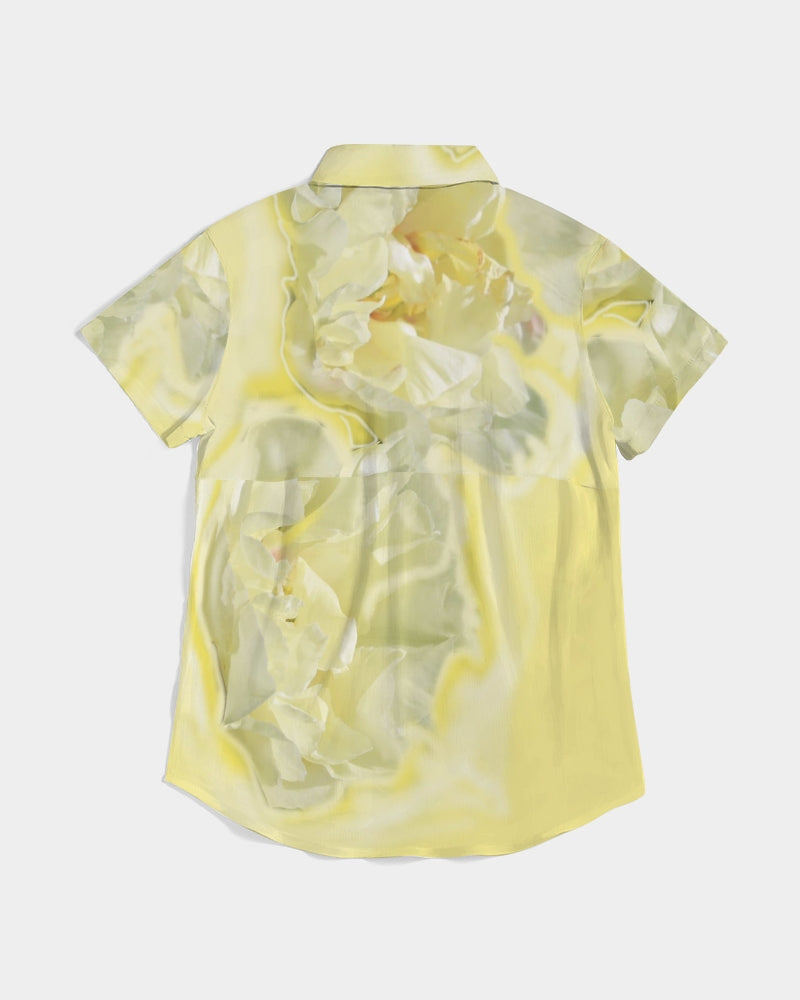 Yellow Peony Women's Short Sleeve Button Up