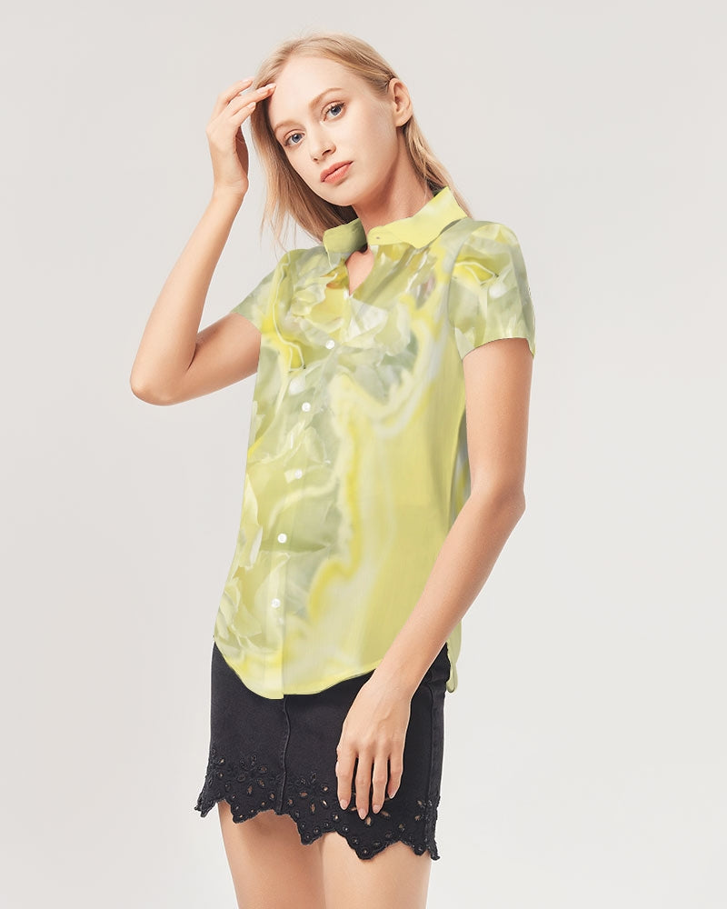 Yellow Peony Women's Short Sleeve Button Up