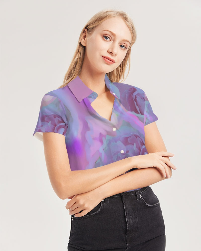 Peony Floral Women's Short Sleeve Button Up