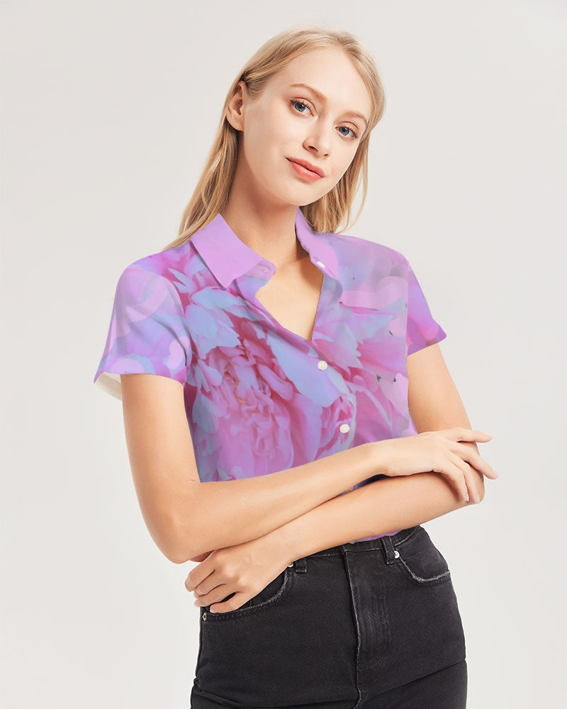 Pink Peony Women's Short Sleeve Button Up